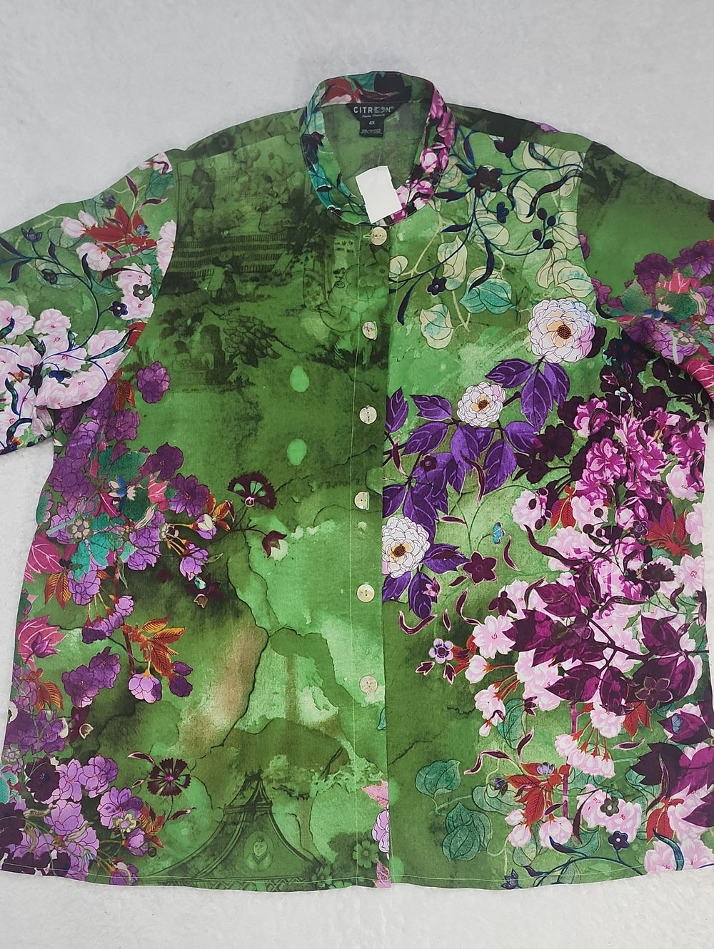 Citron Santa Monica 100% Silk Floral 3/4 Sleeve Button Down Blouse New With Tags